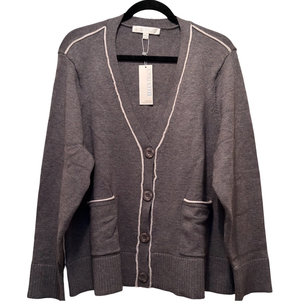 NWT Ellen Tracy Capsule Collection Women’s V Neck Long Sleeve Cardigan Gray XXL